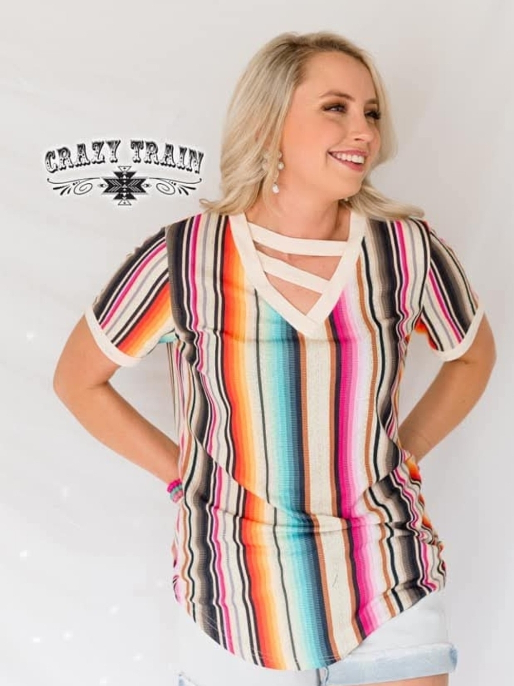 Crazy Train Bright Multicolor Striped V-Neck Tee with Ladder Straps